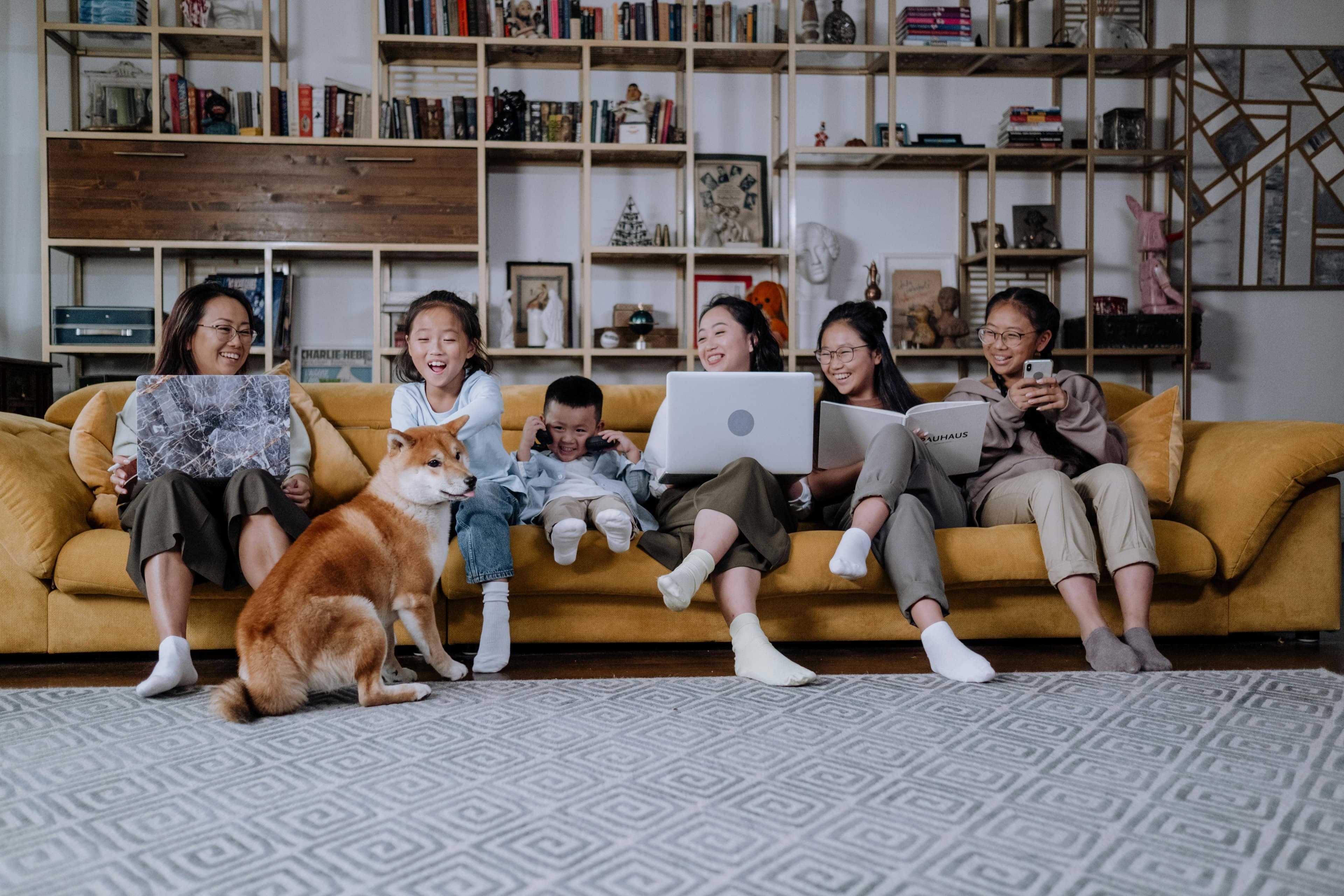 Family using devices together